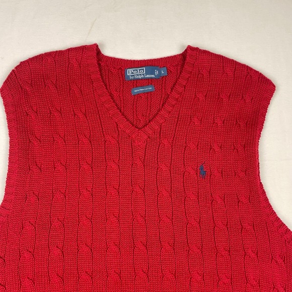 Polo Ralph Lauren Red Cable Knit V-Neck Sweater Vest Mens Large 100% Pima Cotton - Picture 2 of 8